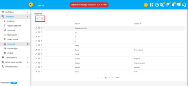 Csoportok felület műveleti gombok